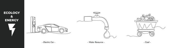 conjunto de conceptos de energía y ecología de dibujo de una sola línea. coche eléctrico, energía del agua y energía del carbón. ilustración de vector gráfico de diseño de dibujo de línea continua.