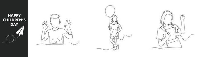 Single one line drawing children day concept set. Happy boy and girl in children day. Balloons and rise hands ok. Continuous line draw design graphic vector illustration.