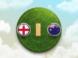 bandera de cricket de inglaterra vs australia con insignia de botón en el estadio ilustración 3d foto