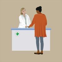 Woman Customer Standing near Cashier Desk and Holding Medical Prescription. Doctor Pharmacist Consulting Patient in Pharmacy Store. Pharmaceutical Industry. Flat Cartoon Vector Illustration.
