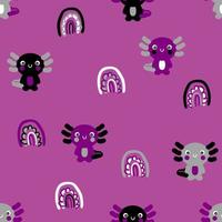 Seamless pattern with axolotls and rainbows in asexual color style. vector