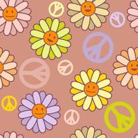 Positive seamless pattern with symbol of peace and smiling flowers. vector