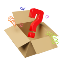 3d open goods cardboard box with white question mark symbol icon isolated. FAQ or frequently asked questions, minimal concept, 3d render illustration png