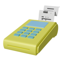 máquina de pagamento amarela ou terminal pos, pagamento de contas eletrônicas e cartão de crédito com recibo de fatura ou cheque em papel, moeda isolada. ilustração 3D ou renderização 3D png