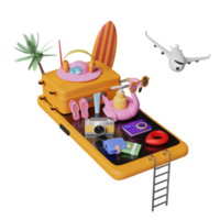 summer travel with mobile phone, beach chair, orange suitcase, surfboard, umbrella, Inflatable flamingo, palm, camera, sandals, isolated. concept 3d illustration or 3d render png