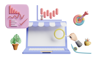 dator med diagram och Graf, analys företag finansiell data, mål, dart, affärsman hand, förstorande glas, uppkopplad marknadsföring isolerat. 3d illustration eller 3d framställa png