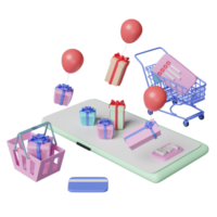 teléfono móvil o teléfono inteligente con carrito de compras, canasta, caja de regalo, tarjeta de crédito aislada. año nuevo festivo o concepto de compras en línea, ilustración 3d o presentación 3d png