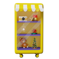 shop store product showcase or glass cabinet with glass ball and Christmas tree, camera, teddy bear isolated. Christmas banner and festive New Year, 3d illustration or 3d render png