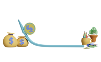 arrow graph with pile money bags dollars,wallet,coins isolated. loan approval, business banking, investment concept ,3d illustration or 3d render png