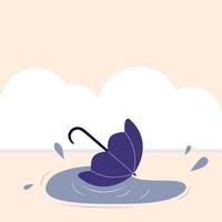 An umbrella floats in a puddle and water drops flying. Vector illustration in pastel colors in flat style.