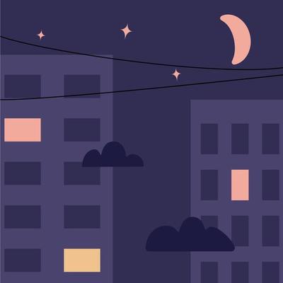 Night city landscape with clouds and sky. House silhouettes with the lights on in the windows. Vector illustration on dark background.
