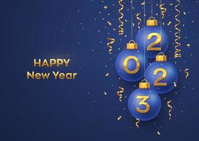 Happy New Year 2023. Hanging Blue Christmas bauble balls with realistic golden 3d numbers 2023 and glitter confetti. Greeting card. Holiday Xmas and New Year poster, banner, flyer. Vector Illustration