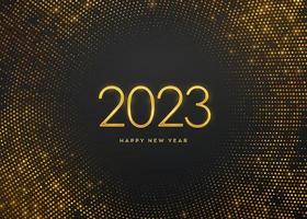 Happy New 2023 Year. Golden metallic luxury numbers 2023 on shimmering background. Realistic sign for greeting card. Bursting backdrop with glitters. Festive poster or banner. Vector illustration.