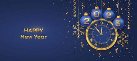 Happy New Year 2023. Hanging Blue Christmas bauble balls with realistic gold 3d numbers 2023 and snowflakes. Watch with Roman numeral and countdown midnight, eve for New Year. Merry Christmas. Vector. vector