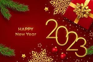 Happy New 2023 Year. Golden metallic numbers 2023 with gift box, shining snowflake, pine branches, stars, balls and confetti on red background. New Year greeting card or banner template. Vector. vector