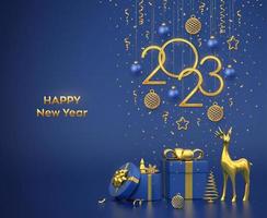 Happy New 2023 Year. Hanging golden metallic numbers 2023 with stars, balls and snowflake on blue background. Gift boxes and golden metallic pine or fir, cone shape spruce trees. Vector illustration.