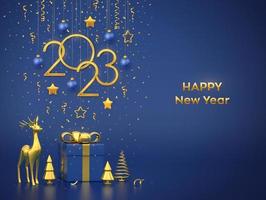 Happy New 2023 Year. Hanging golden metallic numbers 2023 with stars, balls on blue background. Gift box, gold deer and golden metallic pine or fir, cone shape spruce trees. Vector illustration.