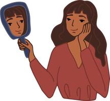 a young girl looks in the mirror, expressing agreement with her appearance. Positive girl admires her face. body positivity vector