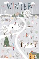 Winter wonderland on Chirstmas eve with people celebration in city park at night.Vector illustration Winte scene Cute cartoon for greeting card  or banner for Christmas or New Year vector