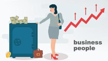 the girl is leaning with her hand on the safe with money illustration in the style of flat on the topic of business vector