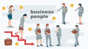 ilustración de personajes en trajes de negocios en diferentes poses hombres y mujeres empresarios en estilo plano vector