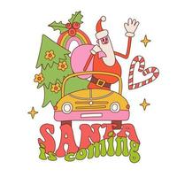 Christmas retro vintage greeting card with hippie car with green spruce and Santa Claus, candy cane, rainbow in 70s style. Hippie vector illustration. Samta is coming - comic text.