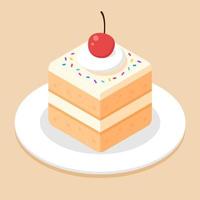 Piece of vanilla cube cake with cherry and colorful sugar sprinkles on plate or dish. Delicious sweet dessert concept. Isometric food icon. Cute cartoon vector illustration. Yummy cafe sweets menu.