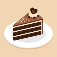 Slice of chocolate cake topping with chocolate ball on plate or dish. Delicious sweet dessert concept. Isometric food icon. Cute cartoon vector illustration element. Symbol of sweets. Cafe menu.