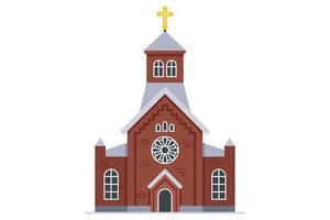 red brick christian church. facade of a religious building. flat vector illustration.