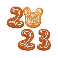 Gingerbread in the form of numbers and a rabbit symbol of 2023 rabbit in a cartoon style vector