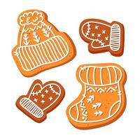 gingerbread in the form of winter clothes with white icing. Cookies in the shape of a hat, mittens, sock vector