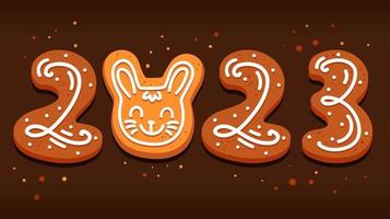 Gingerbread in the form of numbers and a rabbit symbol of 2023 rabbit in a cartoon style vector