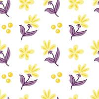 Vector pattern with purple and yellow abstract twigs of leaves and flowers on a white background. Botanical pattern for postcards, gifts, holidays, fabrics, packaging