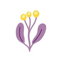 Vector illustration with purple twigs of leaves and pale yellow berries and flowers in a flat handmade style on a white background. Botanical illustration for postcards, gifts, holidays, fabrics