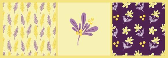 Vector set of patterns with purple and yellow abstract interlacing of leaves and flowers on a colored background. Botanical pattern for postcards, gifts, holidays, fabrics, packaging