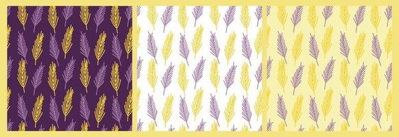 Vector set of patterns with purple and yellow abstract twist on a colored background. Botanical pattern for postcards, gifts, holidays, fabrics, packaging