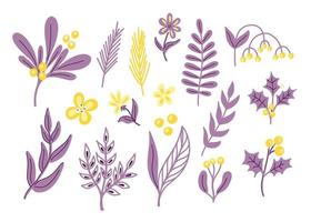 A set of vector elements with purple and yellow leaves, abstract flowers, twigs in a flat handmade style. Christmas, holiday design for postcards, decor, gifts, fabrics.