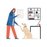 Woman doctor holding the paw of a labrador. Psychological and therapeutic help to the dog. Vet clinic for animals. Vector illustration in flat style