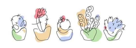 juego de dibujo continuo de una línea de cactus. boceto aislado de cactus contemporáneos con manchas de colores. arte moderno de cactus para postales, papel tapiz, papelería, toallas de cocina, diseño web. vector