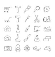 Building materials and a building store icons set. Construction tools, personal protective equipment, and shopping carts. Collection of outline icons vector