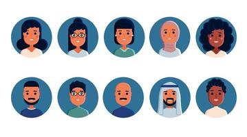 conjunto de avatares planos de mujeres y hombres de diferentes nacionalidades y razas. iconos redondos vectoriales con personas. iconos de avatar de vector dibujado a mano. 10 avatares reales de tendencia.