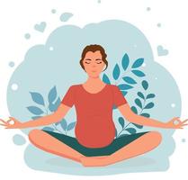 Pregnant woman sitting in yoga pose with nature and leaves background. Concept vector illustration in flat style.