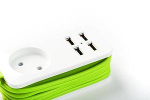 USB Power Strip Green power cord for charging gadgets and electronic devices. photo