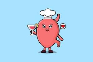 cartoon Stomach chef character holding wine glass vector