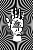 Open palm with all seeing eye sacred Masonic symbol, third eye of Providence, triangle pyramid. New World Order. Grunge alchemy icon, religion, spirituality, occultism. Magic Vector sign