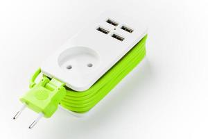 USB Power Strip Green power cord for charging gadgets and electronic devices. photo