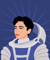 Young astronaut female in spacesuit, and open helmet. Detailed portrait of strong smart woman scientist. A concept of feminism and equality.