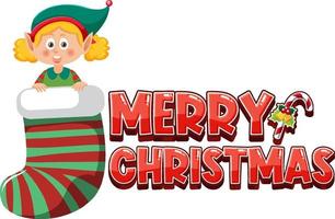 Merry Christmas text with elf in sock vector