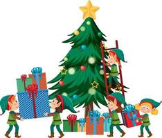 niños disfrazados de duende decorando el árbol de navidad vector