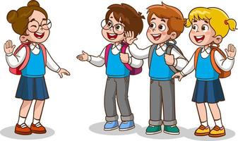 little kid say hello to friend and go to school together vector